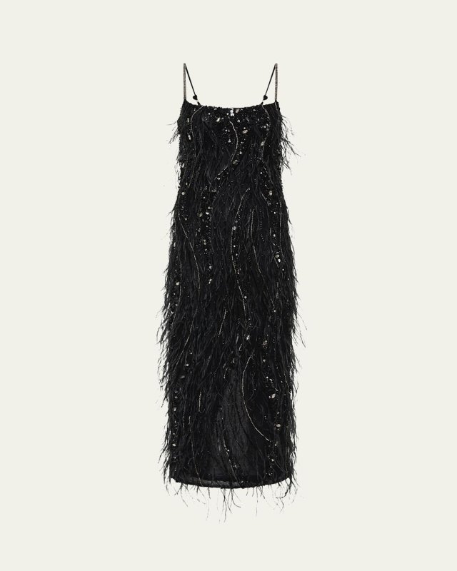 Cynthia Sequined Midi Feathered Dress